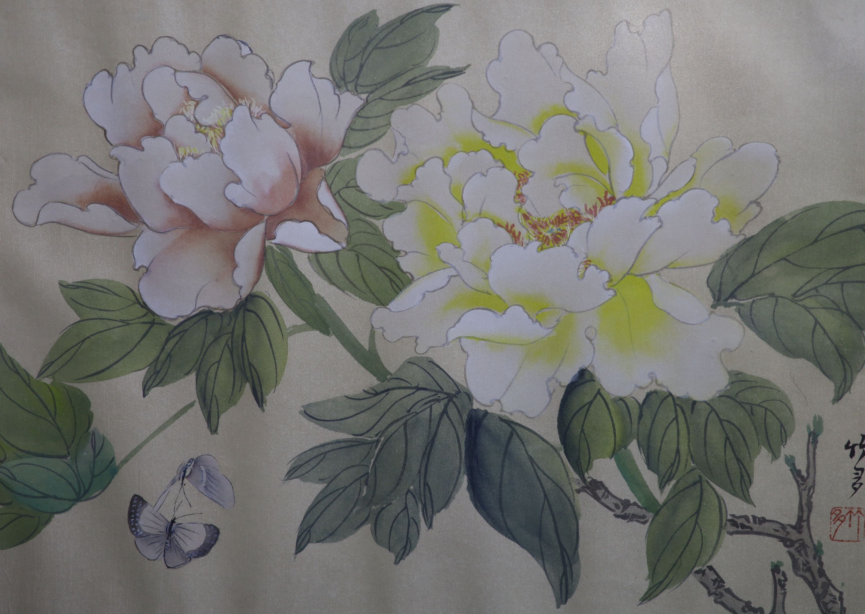 Chinese School, three watercolours on silk, Studies of flowers and butterflies, 28 x 38cm